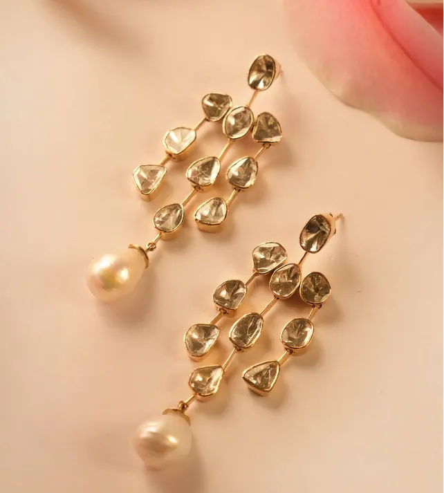 Polki oval drop earrings with gold detailing