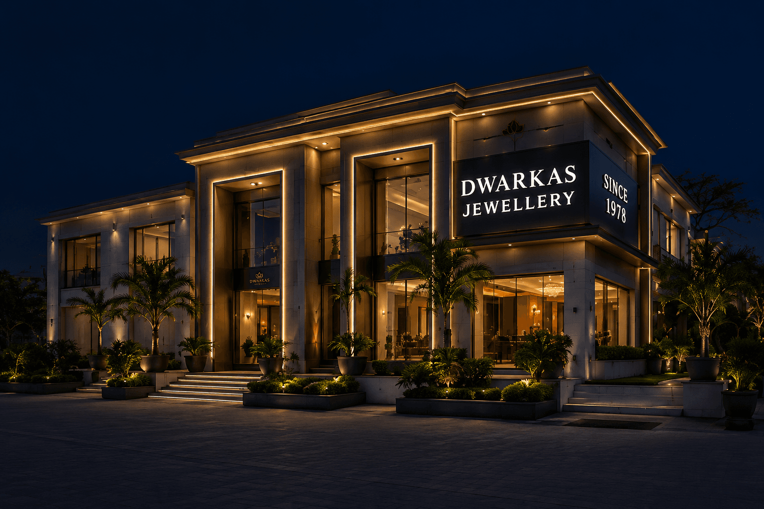 Dwarkas Jewellery showroom exterior — C-Scheme Jaipur, illuminated at night
